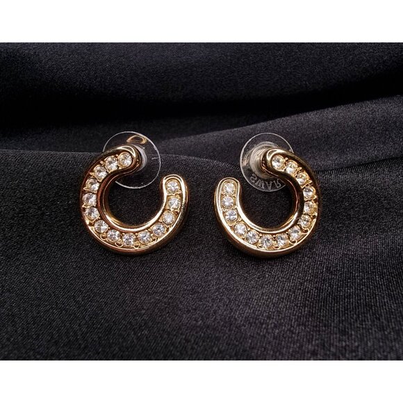 Vintage SWAROVSKI Gold-Tone Crystal Stud Earrings With Horseshoe Design & Clear - Picture 2 of 5